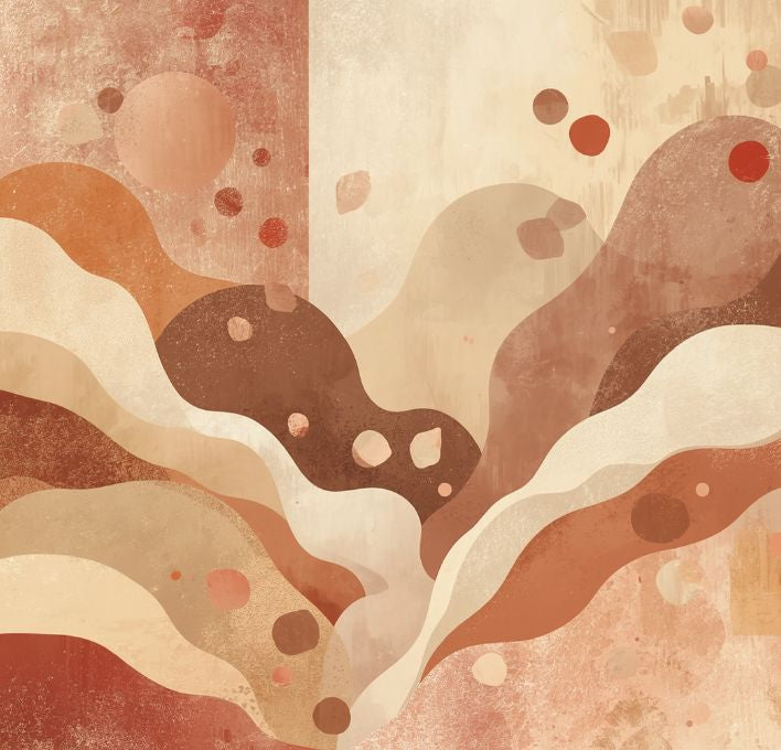 Abstract art with wavy lines and circular shapes in earthy tones on a textured background