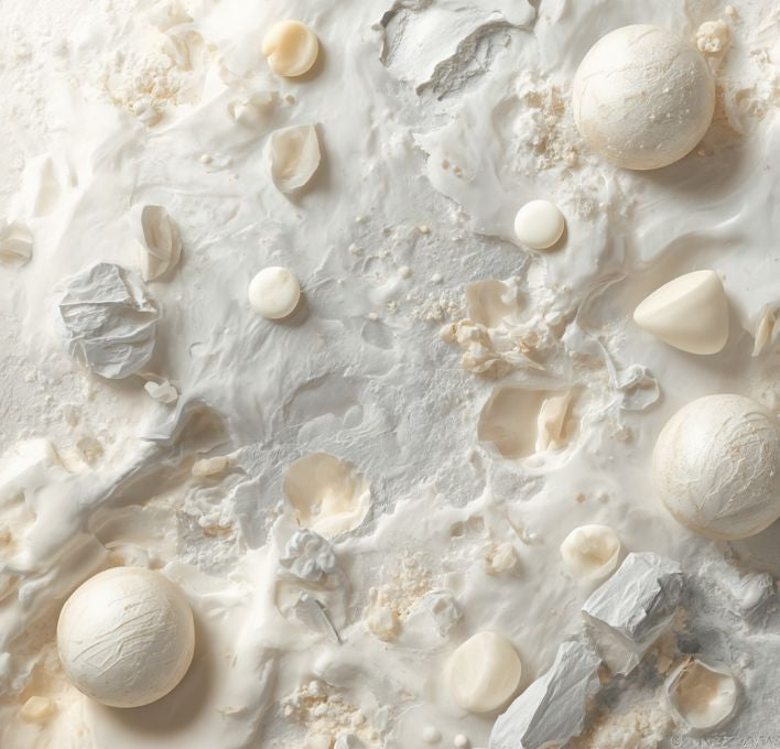 Close-up of white and gray seashells on a textured white surface